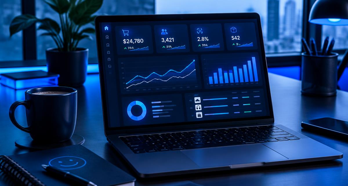 Portátil con un panel de métricas de ventas online sobre un escritorio oscuro