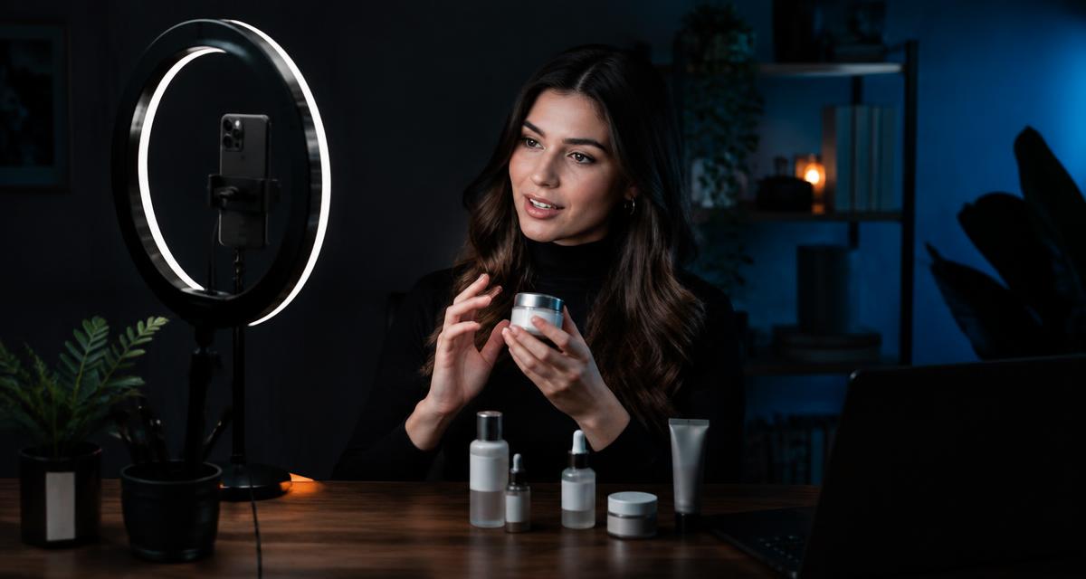 Creadora de contenido grabando la reseña de un producto con un aro de luz