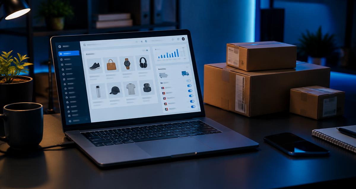 Portátil con un panel de vendedor, catálogo de productos y ajustes de envío junto a cajas preparadas