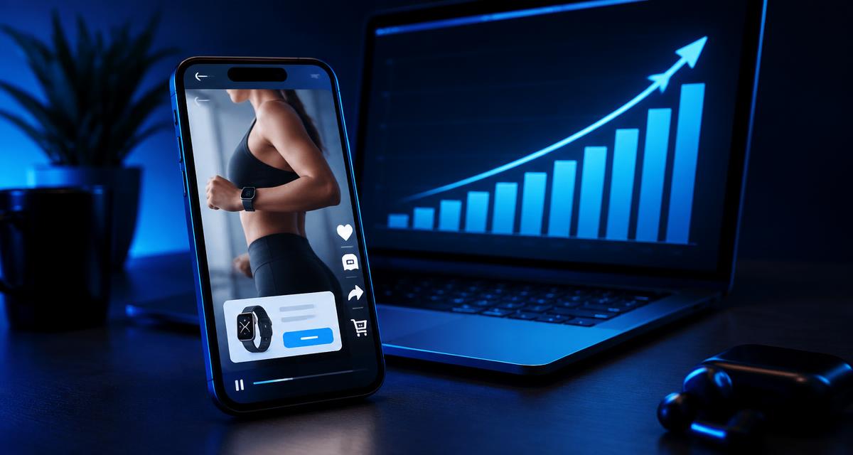 Smartphone con un anuncio de vídeo shoppable de TikTok Shop y gráfico de ventas al fondo