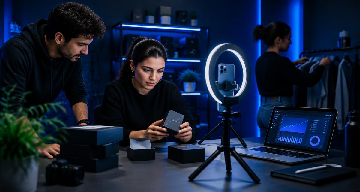 Equipo de marca preparando el lanzamiento de un producto en TikTok Shop con muestras, móvil y panel de ventas